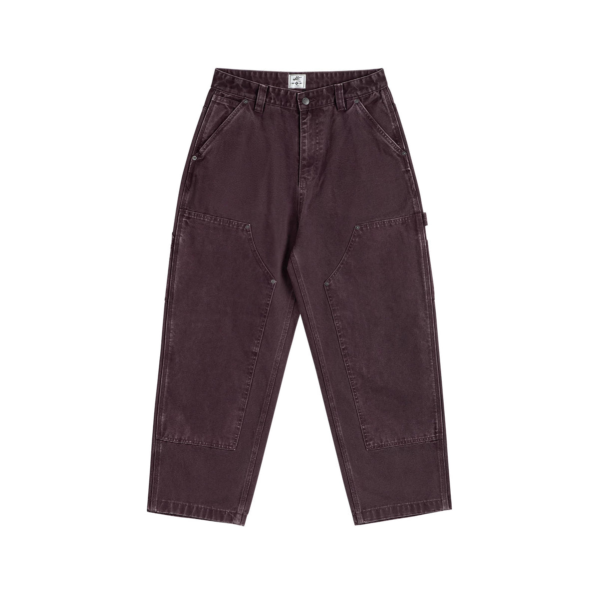 IDLT carpenter pants, burgundy front.