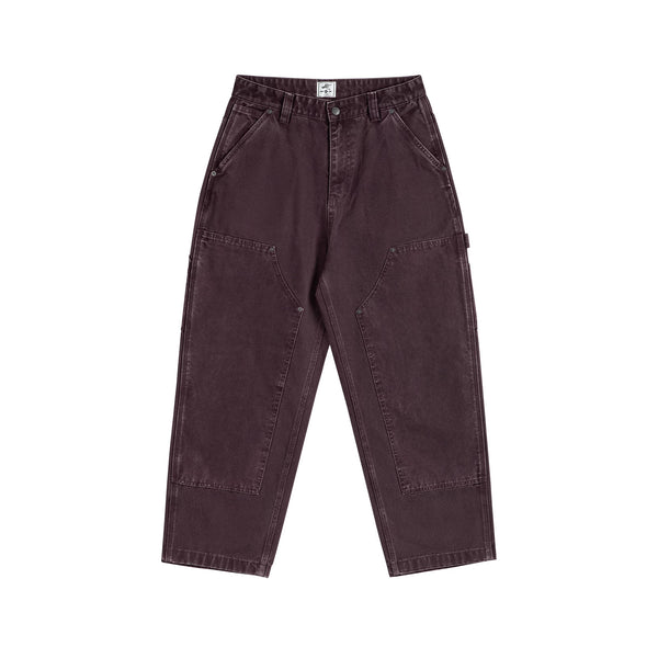 IDLT carpenter pants, burgundy front.