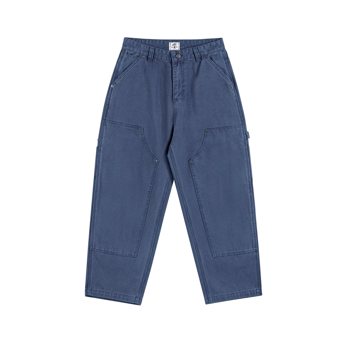 IDLT carpenter pants, blue front.