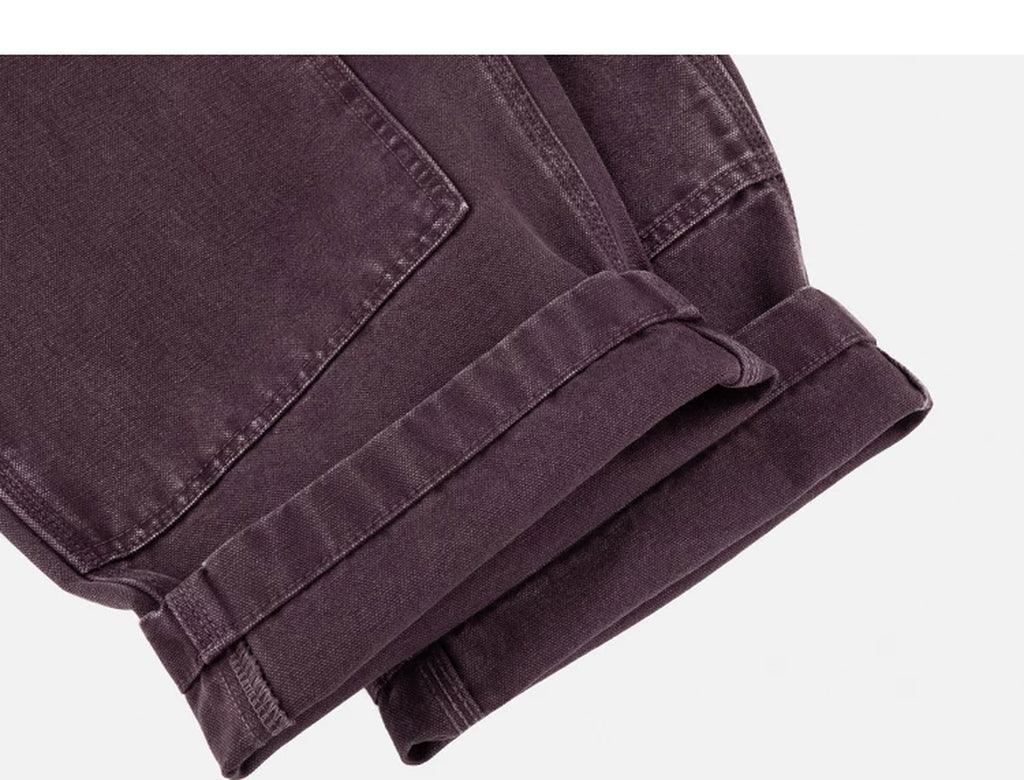 IDLT carpenter pants, burgundy rolled hems.