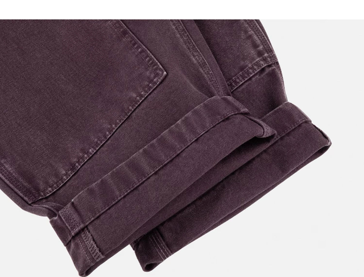 IDLT carpenter pants, burgundy rolled hems.