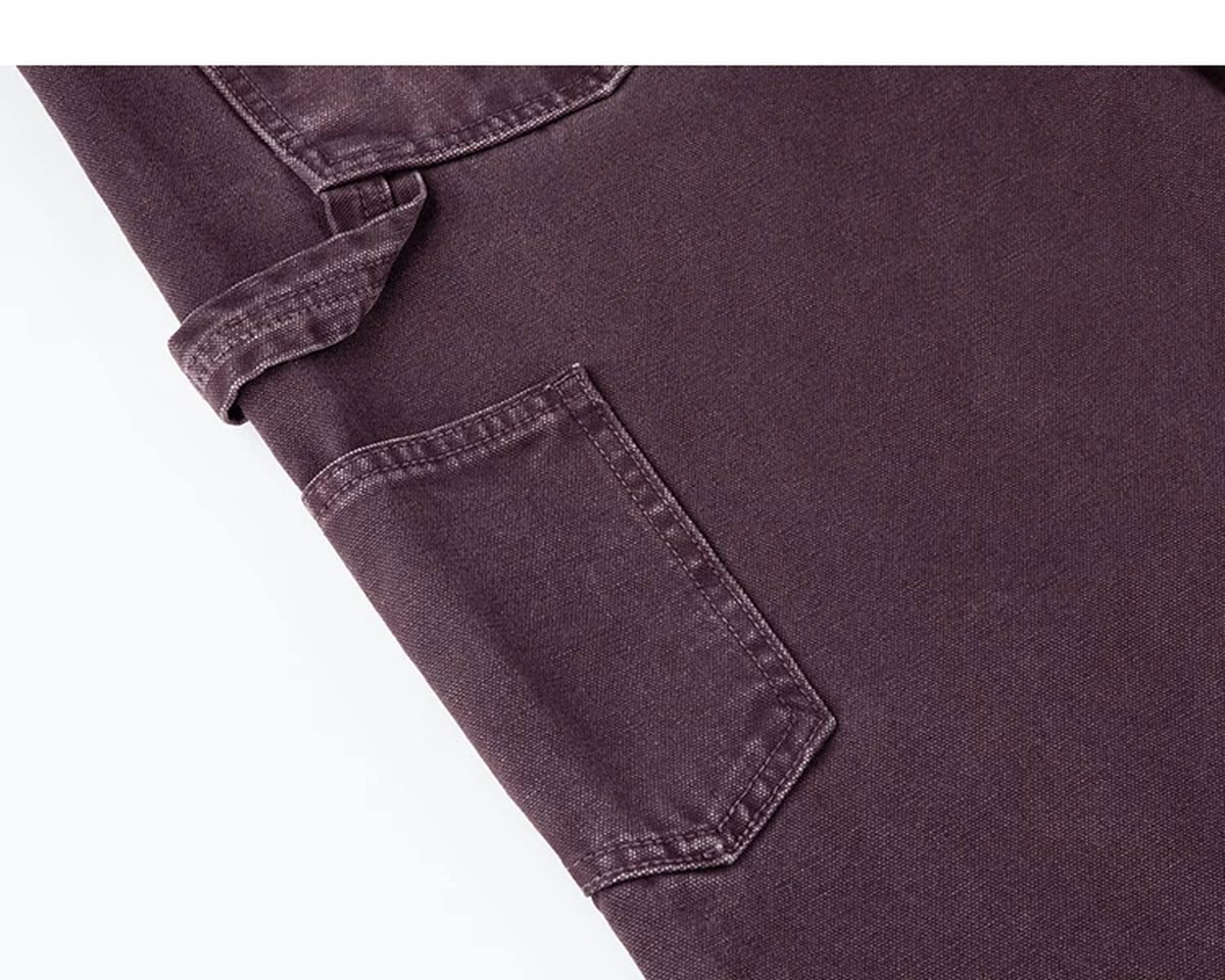 IDLT carpenter pants, burgundy utility pocket and loop.