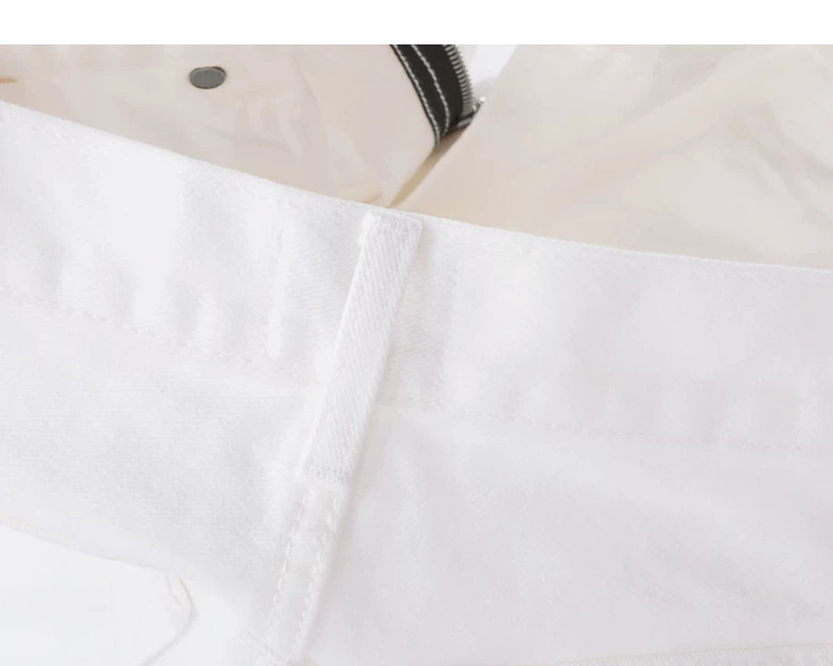 IDLT jeans, white belt loop.