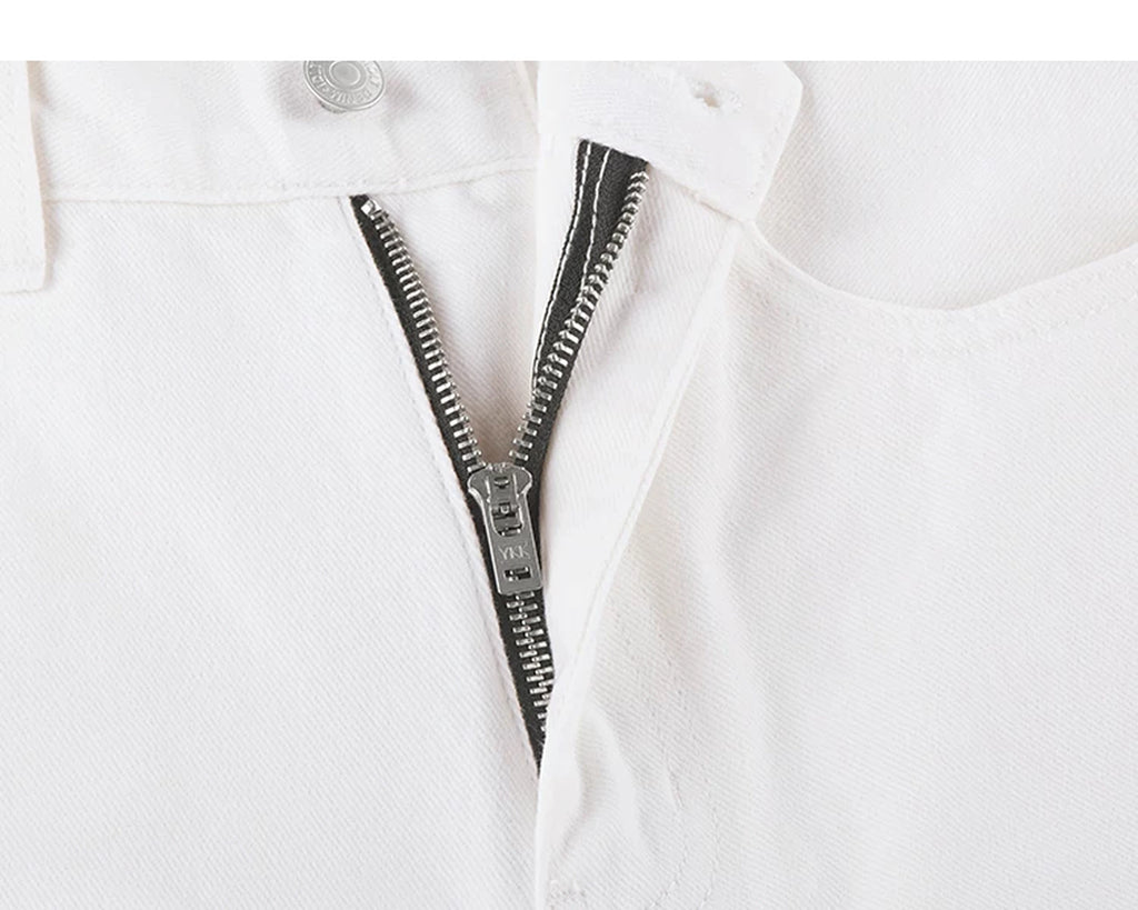 IDLT jeans, white zip fly.