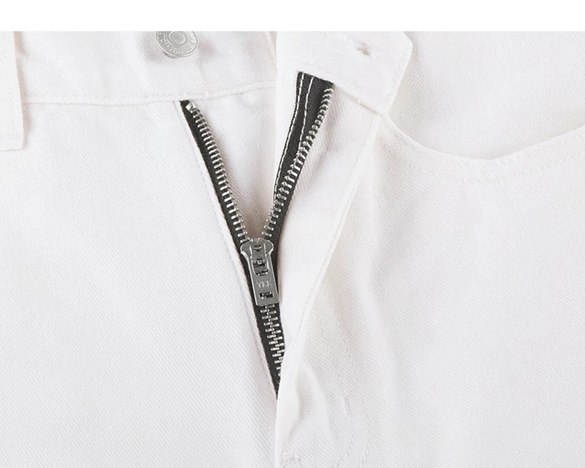 IDLT jeans, white zip fly.