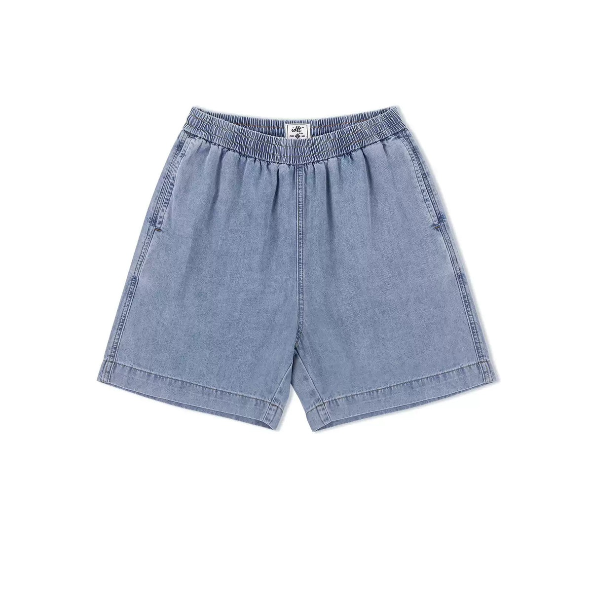 IDLT denim shorts, light blue front.