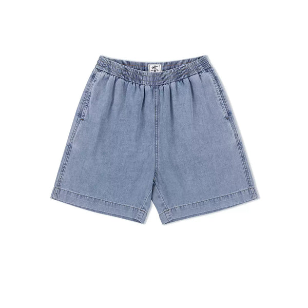 IDLT denim shorts, light blue front.