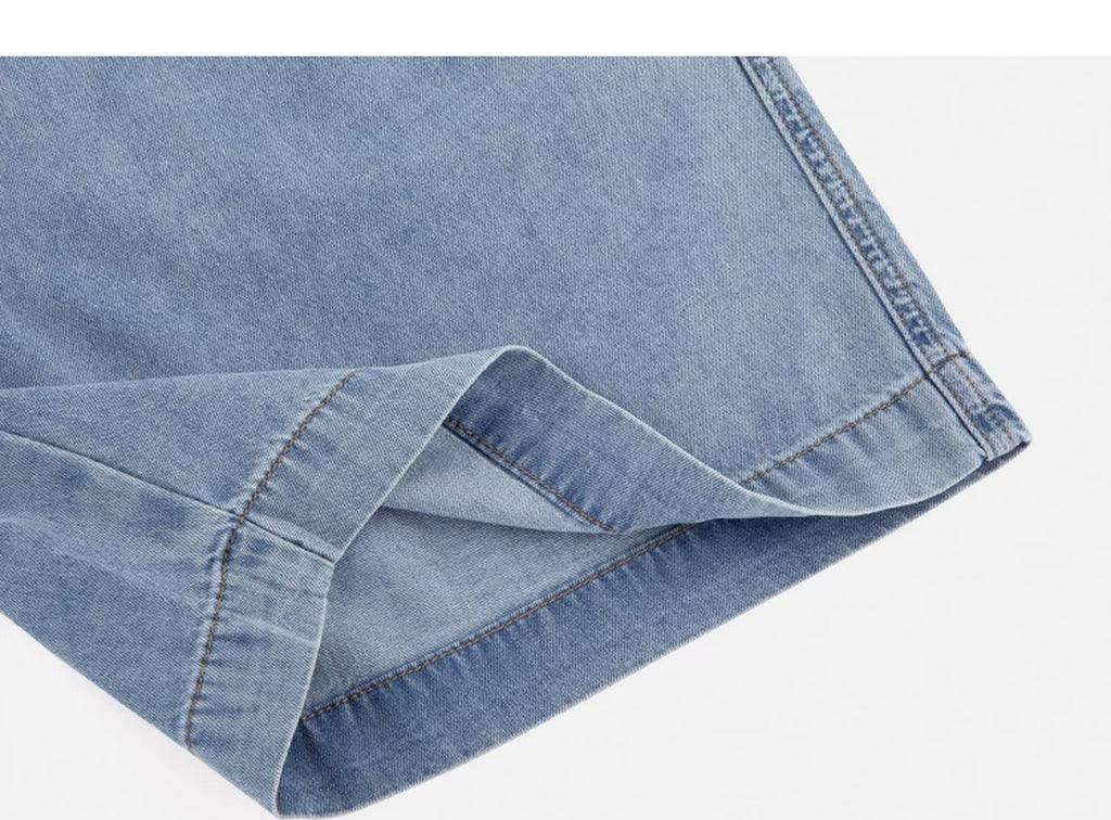 IDLT denim shorts, light blue folded hem.