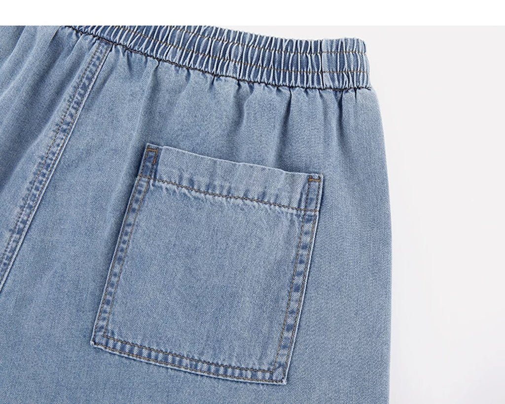 IDLT denim shorts, light blue back pocket.