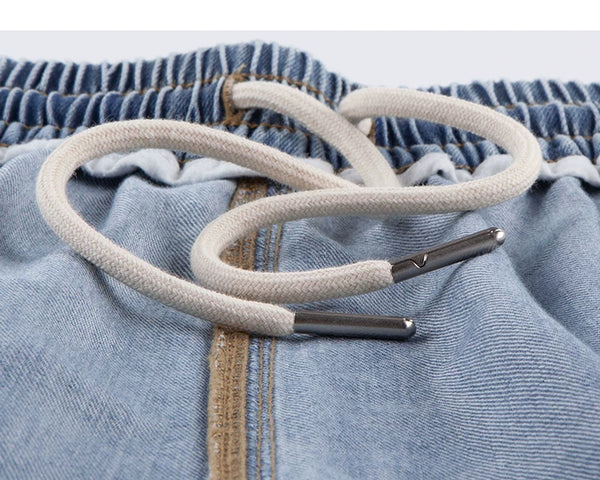 IDLT denim shorts, light blue inner drawstring.