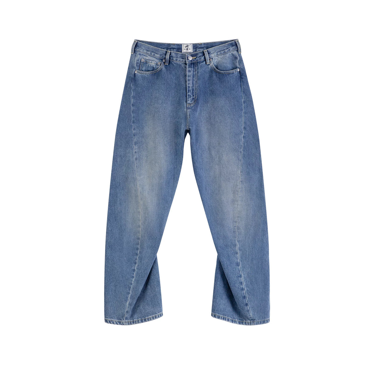 IDLT jeans, washed blue front.