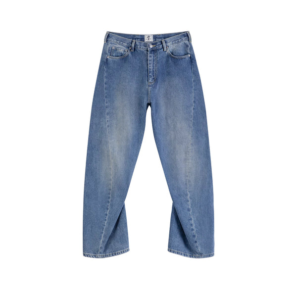 IDLT jeans, washed blue front.