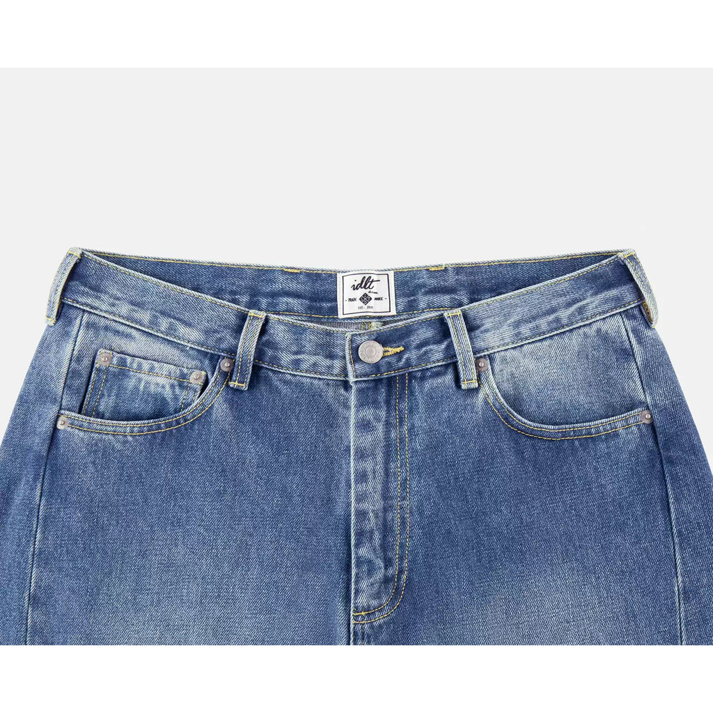 IDLT jeans, washed blue waistband overview.