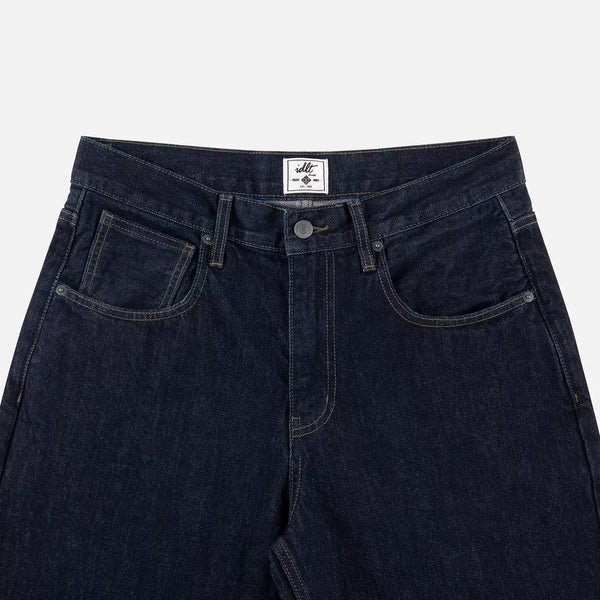 IDLT jeans, dark blue waistband overview.