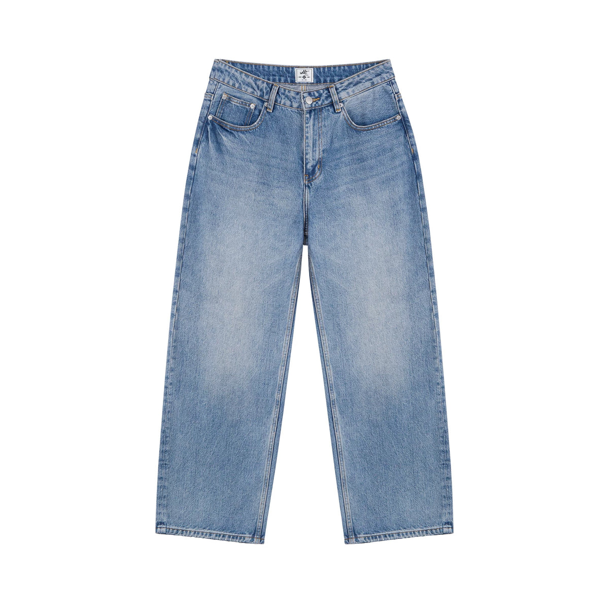 IDLT jeans, washed blue front.