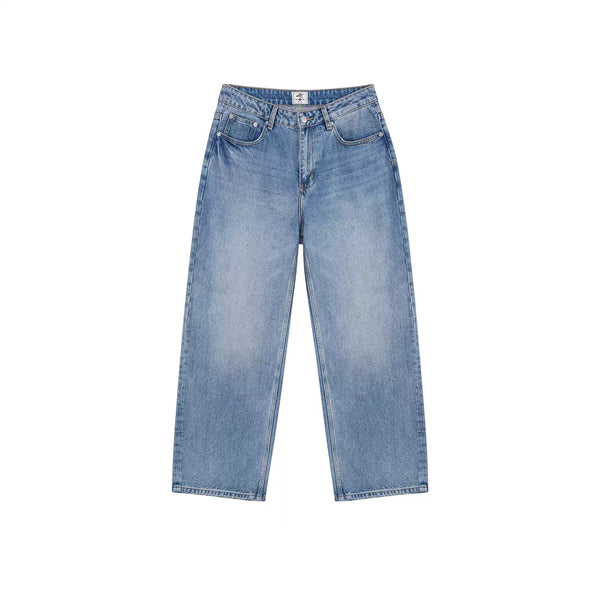 IDLT jeans, washed blue front laid flat.