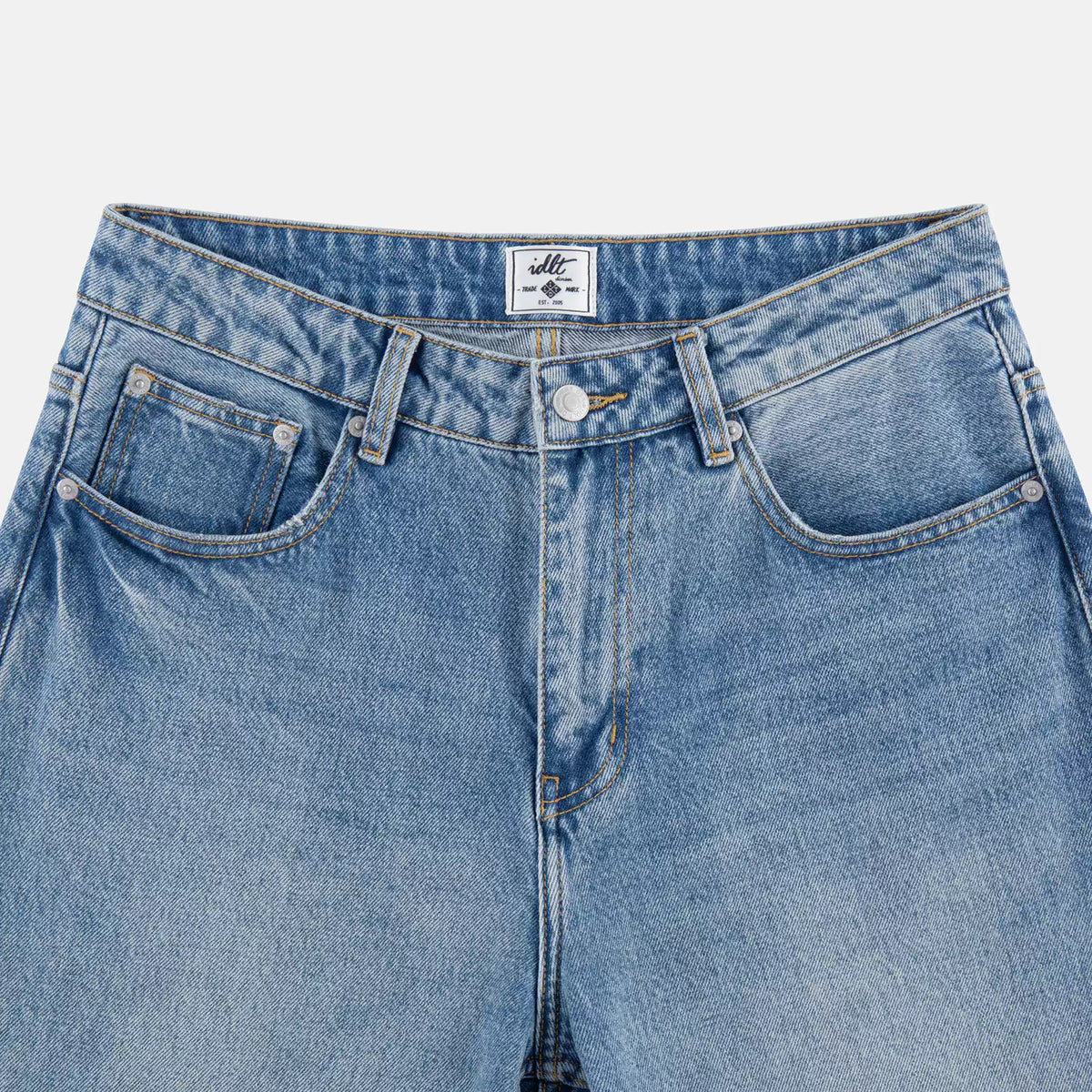 IDLT jeans, washed blue waistband overview.