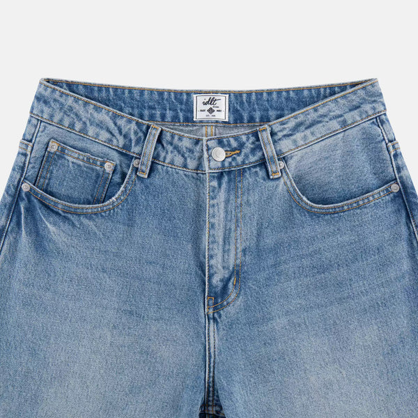 IDLT jeans, washed blue waistband overview.