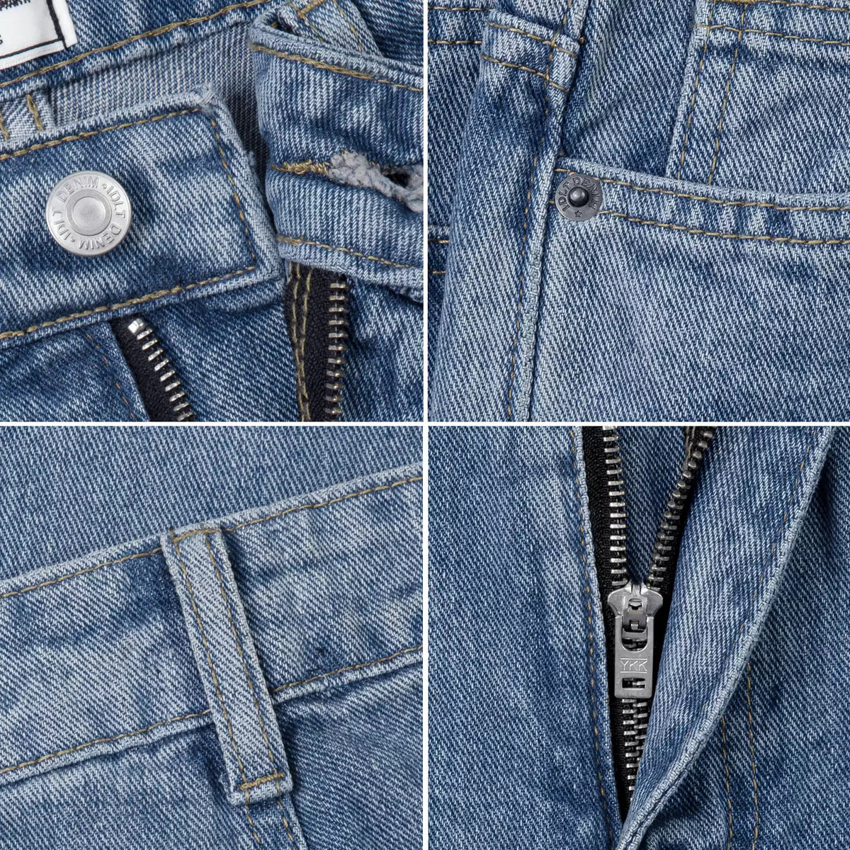 IDLT jeans, washed blue button pocket belt loop and zipper collage.