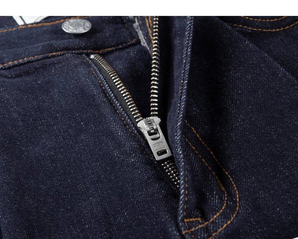 IDLT jeans, dark blue zip fly and stitching.