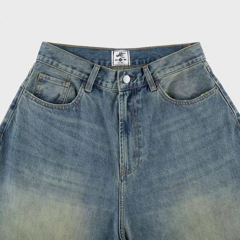 IDLT jeans, washed blue waistband overview.