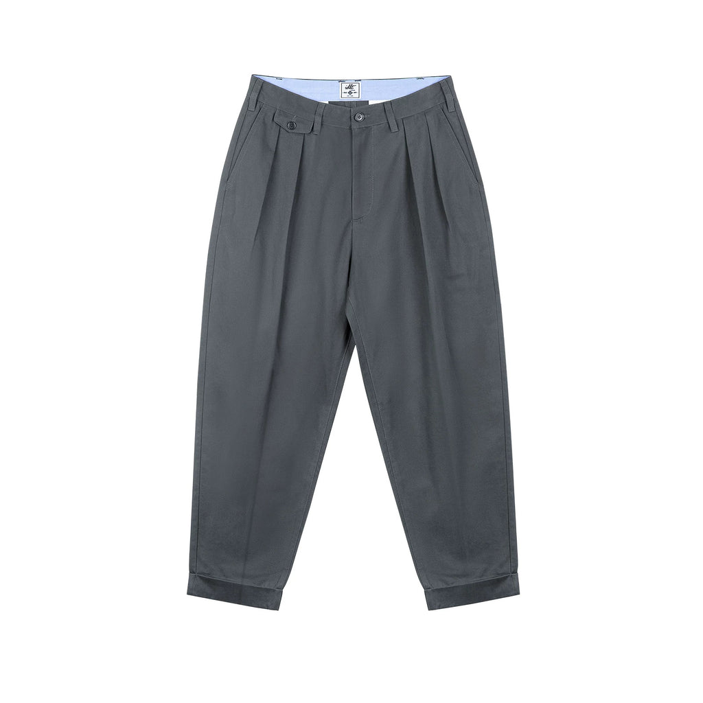 IDLT pleated trousers, gray front.