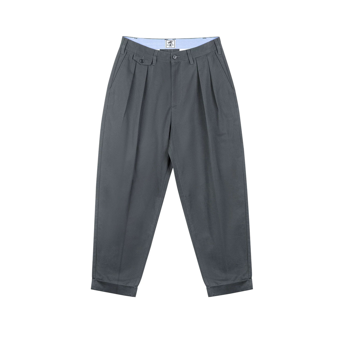 IDLT pleated trousers, gray front.