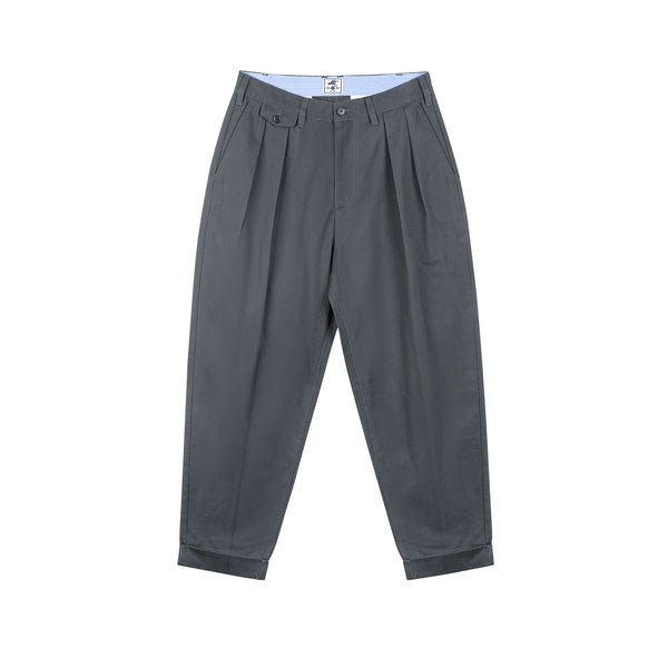 IDLT pleated trousers, gray front.