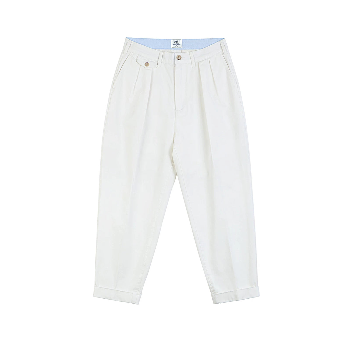 IDLT pleated trousers, white front.