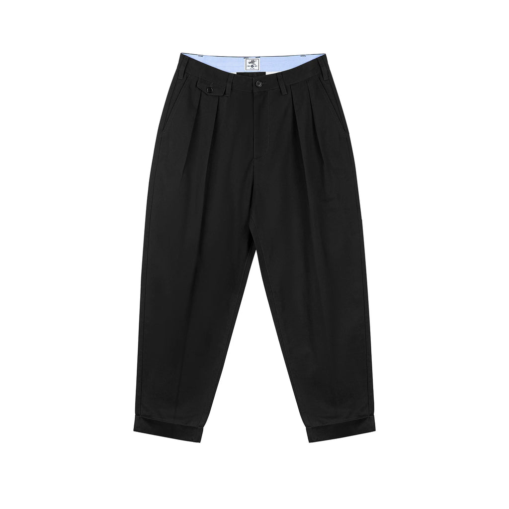 Double-Pleat Tapered Pants, black front view.