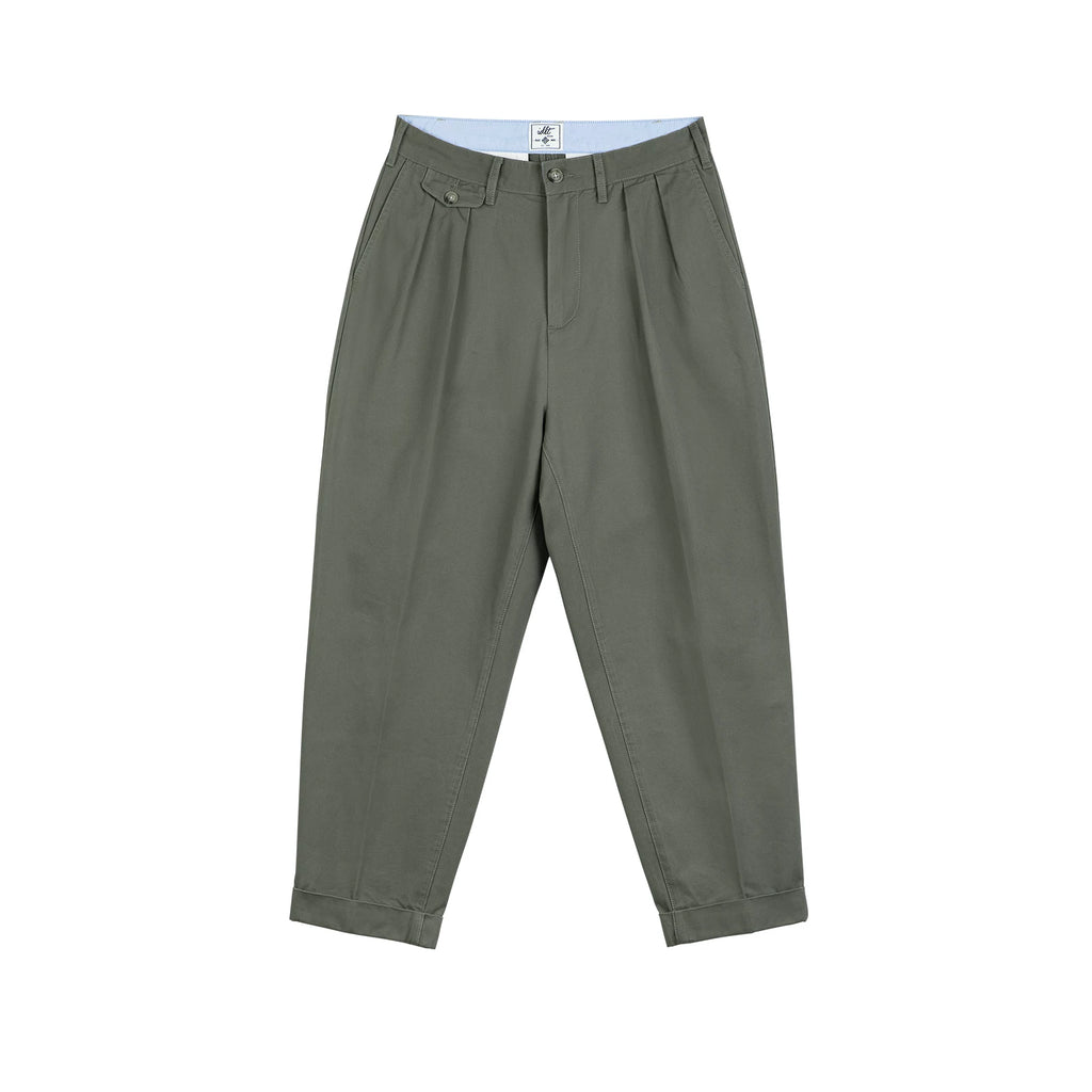 Double-Pleat Tapered Pants, gray green front view.