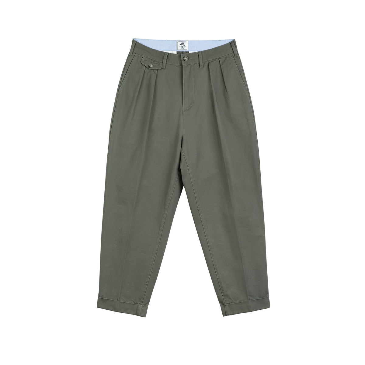 Double-Pleat Tapered Pants, gray green front view.