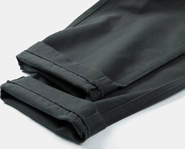 IDLT elastic waist trousers, dark gray rolled hems.