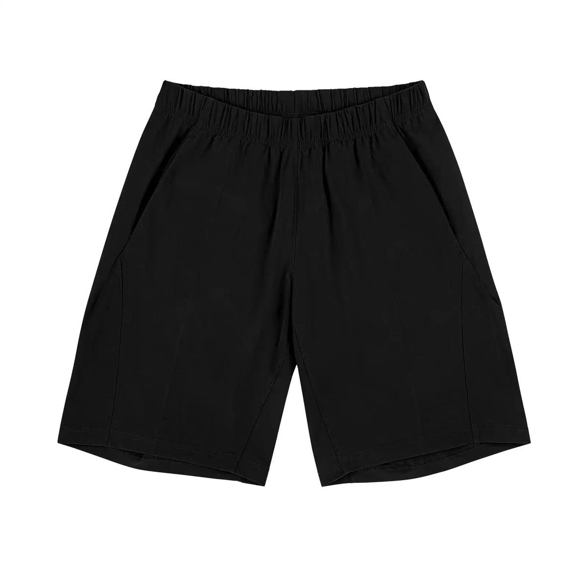 IDLT shorts, black front laid flat.