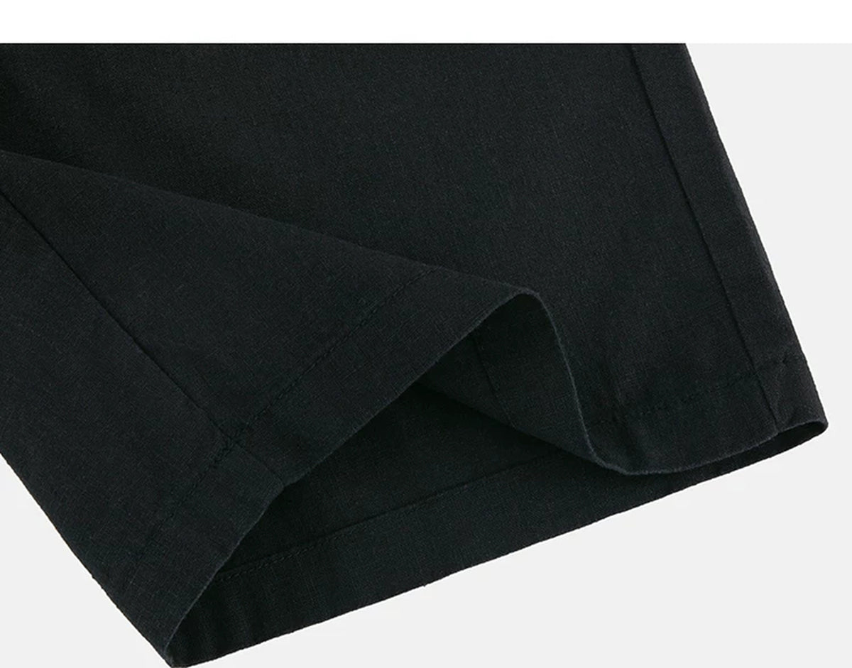 IDLT shorts, black folded hem.