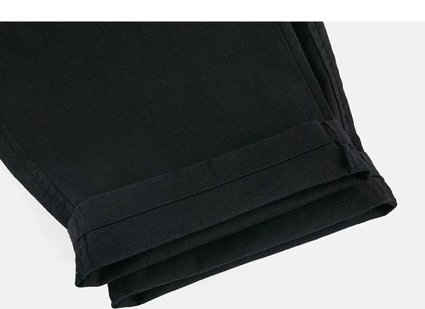 IDLT trousers, black rolled hems.