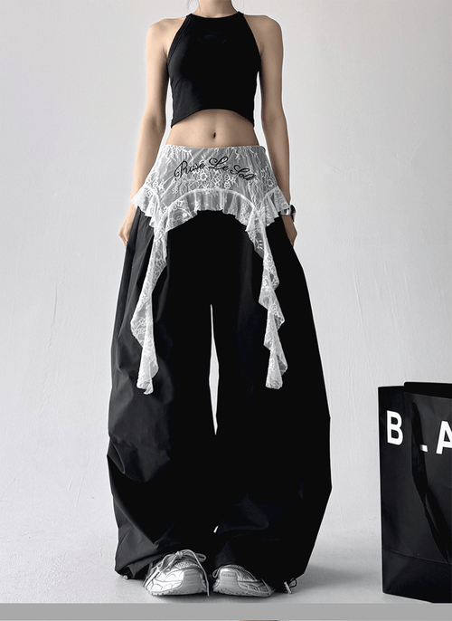 Lace Overlay Faux Two - Piece Parachute Cargo Pants - COPPING THREADS - CT Select