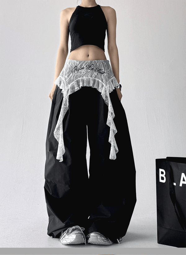Lace Overlay Faux Two - Piece Parachute Cargo Pants - COPPING THREADS - CT Select