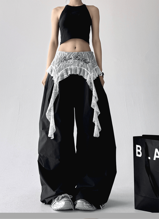 Lace Overlay Faux Two - Piece Parachute Cargo Pants - COPPING THREADS - CT Select Hover Image