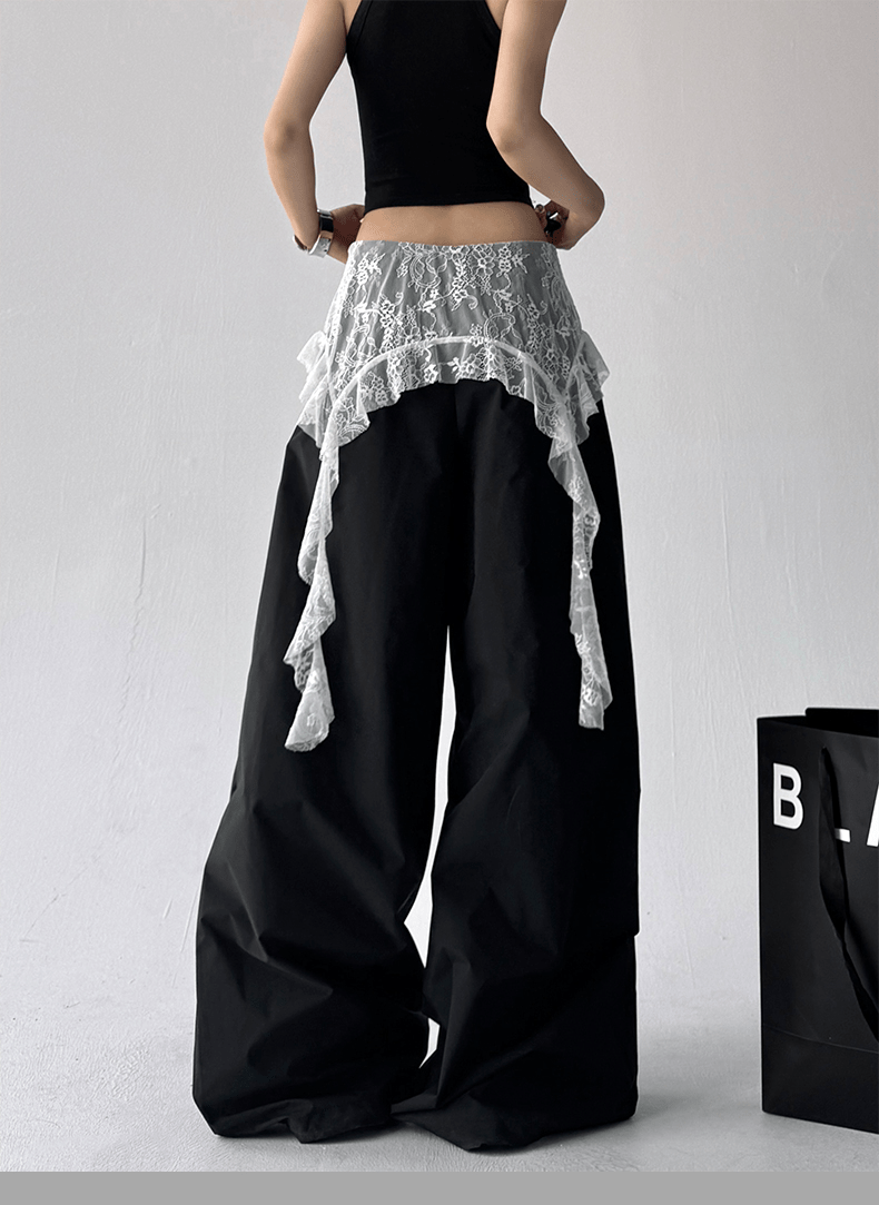 Lace Overlay Faux Two - Piece Parachute Cargo Pants - COPPING THREADS - CT Select