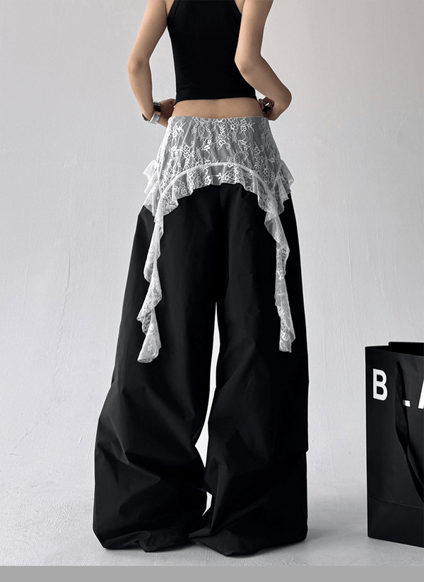 Lace Overlay Faux Two - Piece Parachute Cargo Pants - COPPING THREADS - CT Select