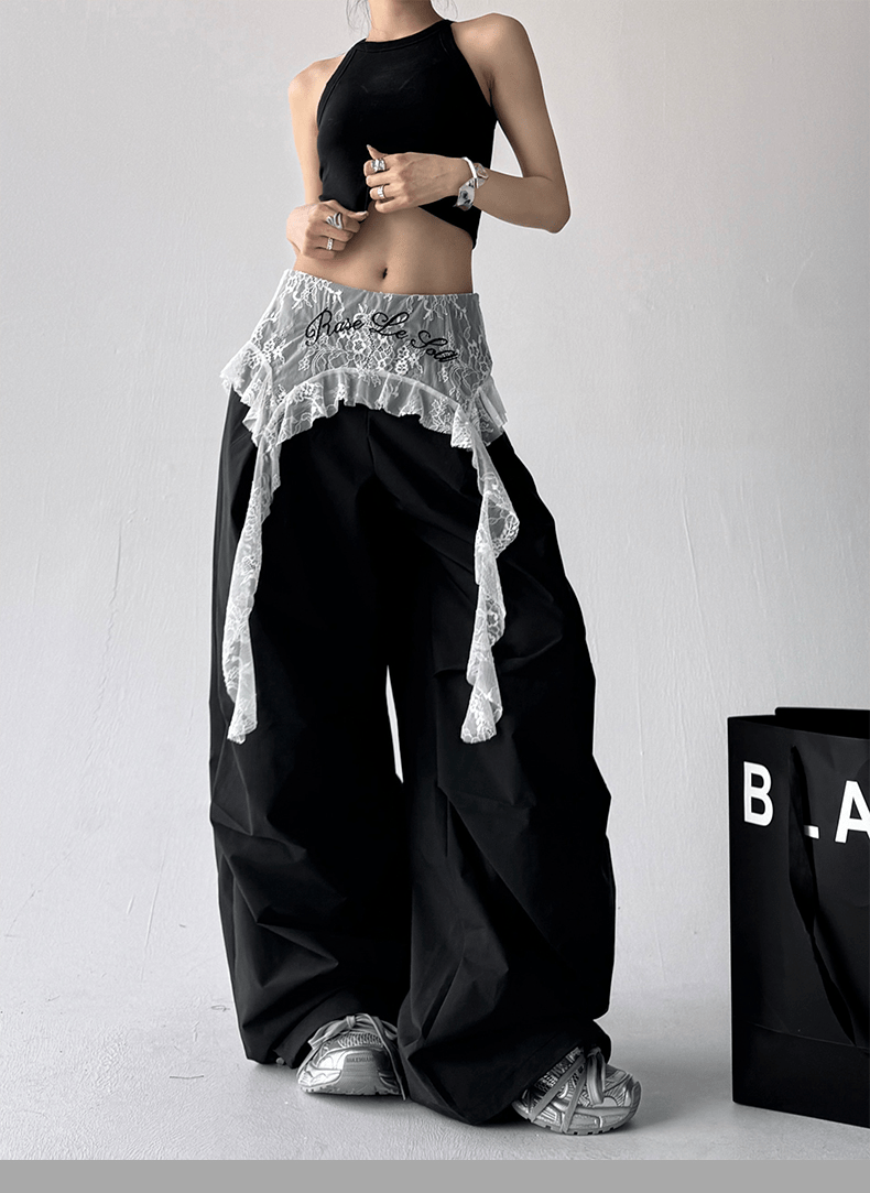 Lace Overlay Faux Two - Piece Parachute Cargo Pants - COPPING THREADS - CT Select