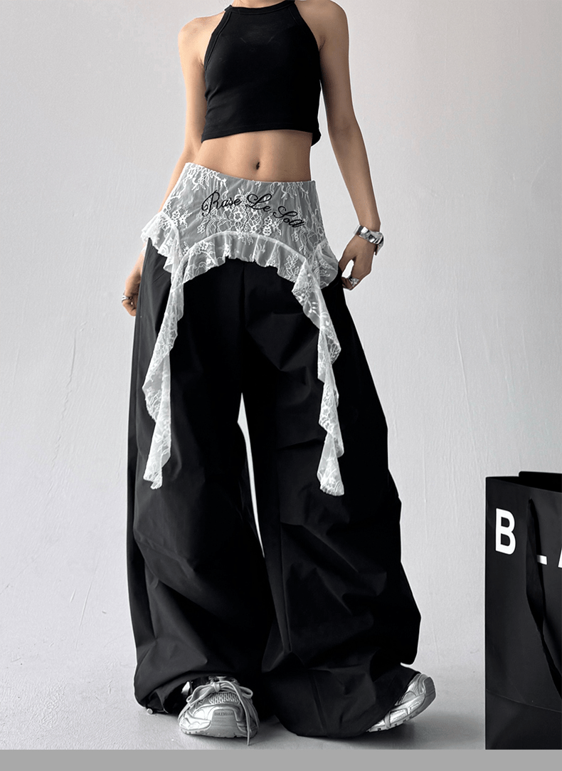 Lace Overlay Faux Two - Piece Parachute Cargo Pants - COPPING THREADS - CT Select