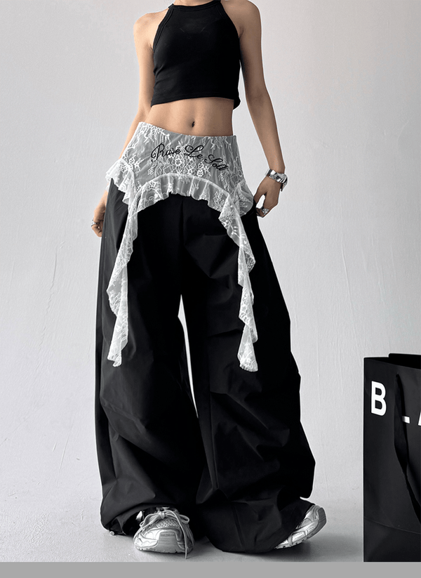 Lace Overlay Faux Two - Piece Parachute Cargo Pants - COPPING THREADS - CT Select