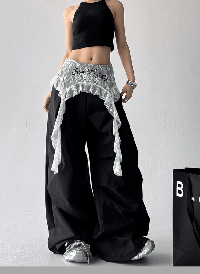 Lace Overlay Faux Two-Piece Parachute Cargo Pants Main Image