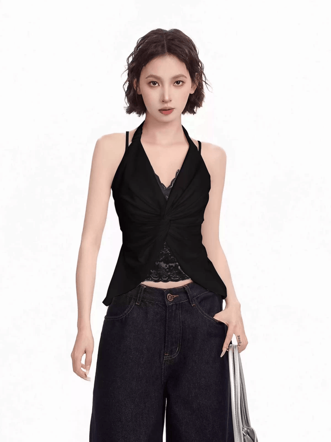 Lace Panel Faux Two-Piece Halter Tank Top Main Image