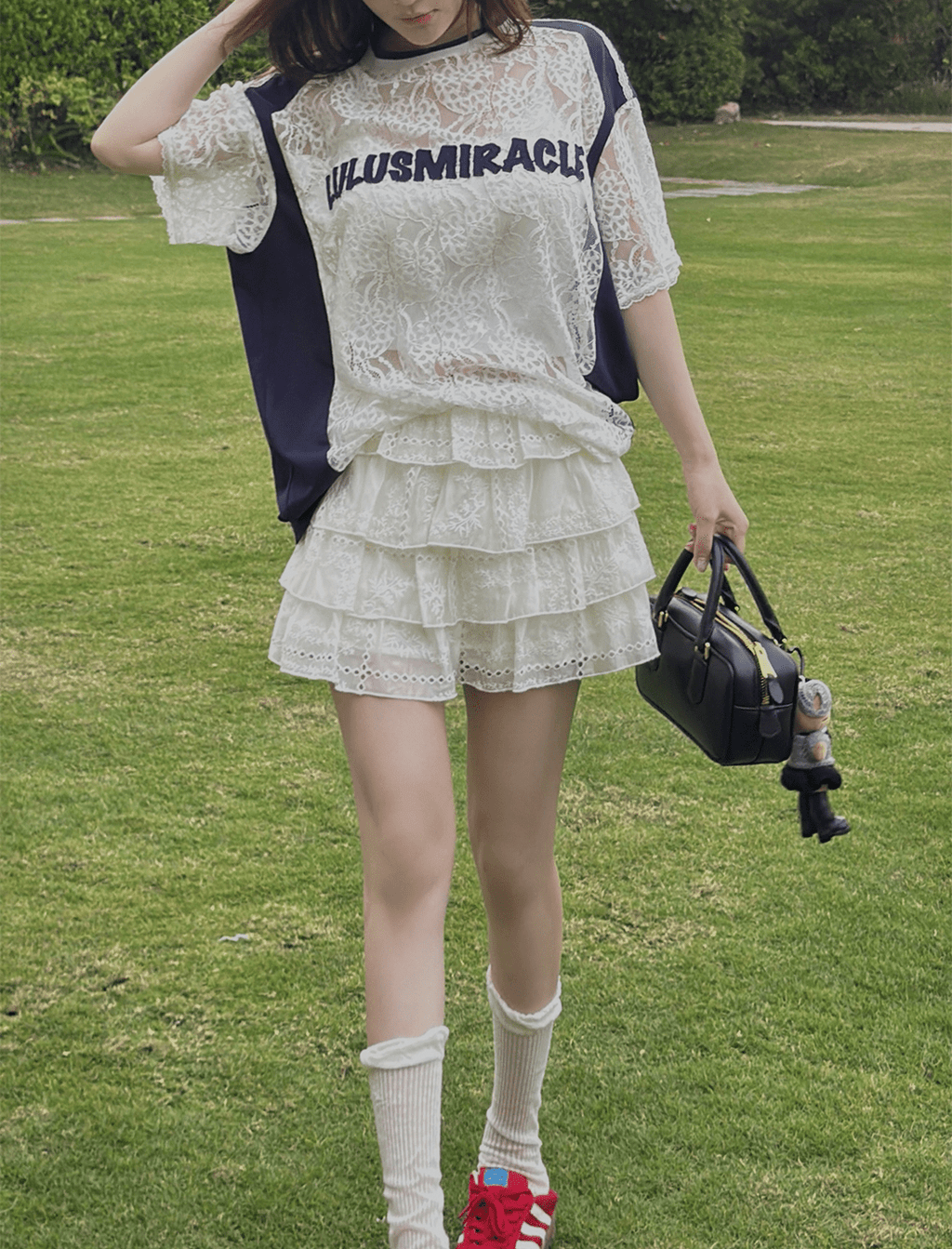 Lace Panel Jersey Tee and Ruffle Mini Skirt Set - COPPING THREADS - LulusMiracle