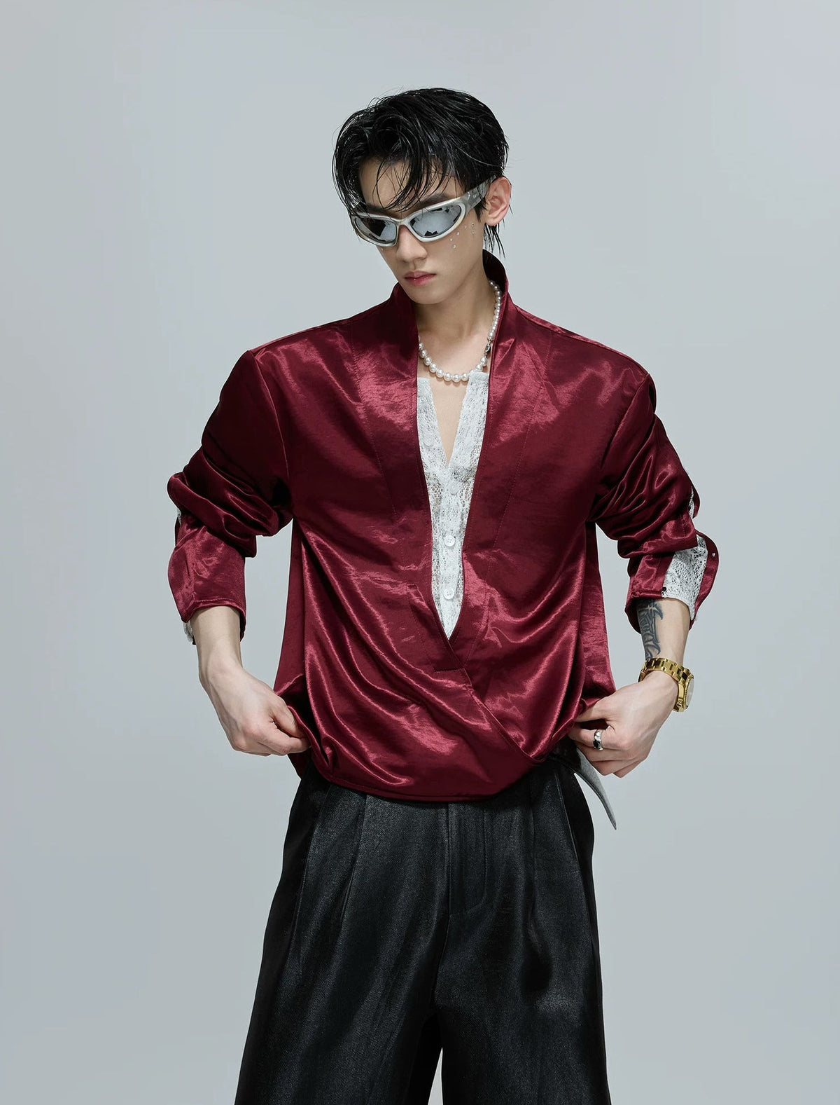 Lace-Panel Layered V-Neck Shirt - COPPING THREADS - Argue Culture