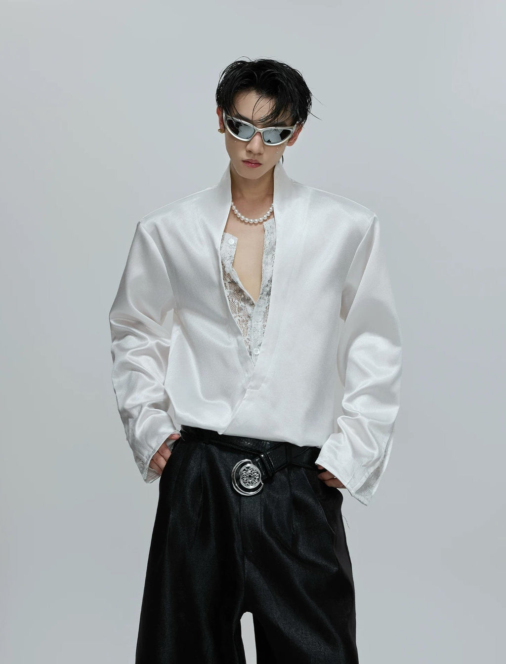Lace-Panel Layered V-Neck Shirt - COPPING THREADS - Argue Culture