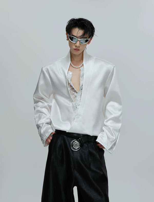 Lace-Panel Layered V-Neck Shirt - COPPING THREADS - Argue Culture